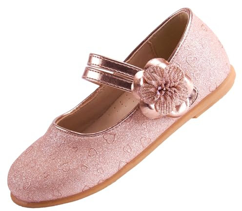 EIGHT KM Scarpe da Bambina Piccola Mary Jane Principessa da Sposa Ballerine EKM7063 Scintillante Luccichio Fiore Camelia Cuore Oro EU Taglia 30