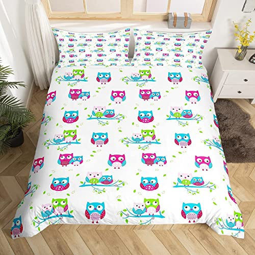 HATEGE 3D Lila Eule Bettwäsche 135x200 Tier-karikaturen Weiche Bettwäsche-Sets Mikrofaser 3 Teilig Jungen Mädchen Bettbezug Set und 2 Kissenbezug 80x80 cm mit Reißverschluss