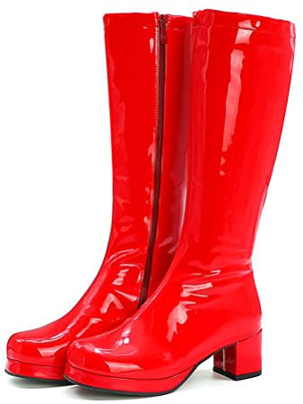 ORANDESIGNE Stivali in Vernice Donna Scarpe a Punta al Ginocchio Stivali Alti Stivali da Motociclista Moda Stivali a Punta Tonda Sexy Stivali con Tacco Grosso Autunno Inverno B Rosso 44 EU