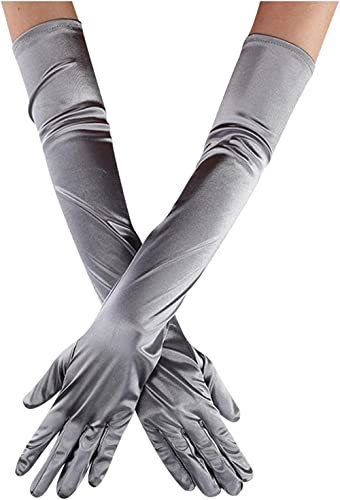 Youning Damen Handschuhe Opera Fest Party Tanz Classic Satin Handschuhe 1920er Stil Elegante Lang Abendhandschuhe Satinhandschuhe Elastisch Samt Ellenbogen Handschuhe für Frauen Mädchen (Silber)