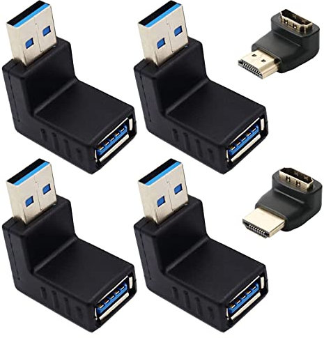 GTIWUNG 4 Piezas USB 3.0 90 Grados Abajo Adaptador Hombre a Mujer, 2 Piezas HDTV Macho a Hembra 90 y 270 Grados