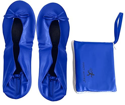 Juszt Active Foldable Ballet Pumps Shoes for Women with Matching Tote Carry Bag (Blue Plain, UK_Footwear_Size_System, Adult, Women, Numeric_Range, Medium, Numeric_4, Numeric_5)