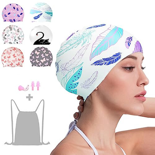 Crazy Bean Gorro de Natación Mujer Silicona Gorro Piscina con Tapones de Oídos y Pinza Nasal Elásticos y Cómodo para Largo Cabello Corto Gorro de Baño(Blanco Plumas)