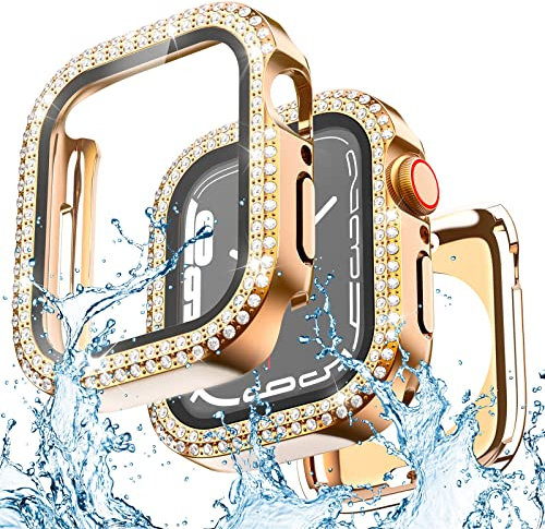 Yolovie Custodia impermeabile 2 in 1 compatibile con Apple Watch 41 mm, pellicola protettiva per schermo serie 9/8/7, da donna, glitterata, con strass e strass, accessori per iWatch, oro rosa