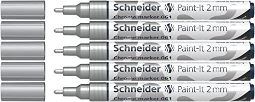 Schneider 061 Chrommarker 2,0 mm (hochpigmenierte Tinte mit Spielgeleffekt, für viele Untergründe geeignet) 5 Stück chrom