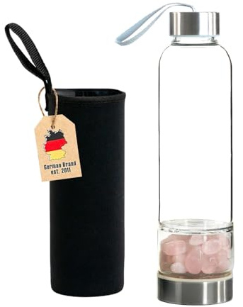 INTIRILIFE Trinkflasche Wasserflasche mit Heilsteinen mit schwarzer Tasche - Rosenquarz - 400 ml Füllmenge - Flasche mit Edelsteinen Mineralsteinen