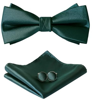 HOULIFE Fliege Herren Set - Verstellbare Fliege aus Satin Polyester Vorgebunden Fliege, einfarbige Einstecktuch, Manschettenknöpfe Set für Bräutigam Hochzeit formal mit Geschenkbox, Dunkelgrün