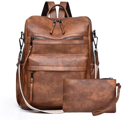 Dora & Liz Damen Rucksack Geldbörse Mode Leder Designer Damen wandelbar Reise College Schultertasche mit buntem Riemen, Camel-2 Pack, Medium, Casual