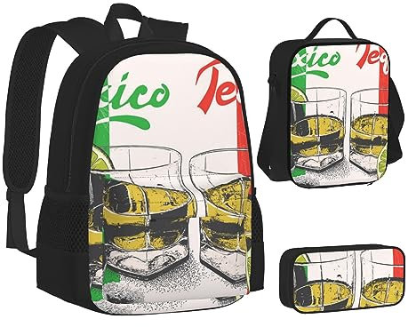 FLYIFE Schulrucksack-Set mit Sternenhimmel, Violett, 3er-Set, Reise-Laptop-Rucksack, Tasche mit Lunchtasche und Federmäppchen, Mexiko-Flagge und Tequila, One size