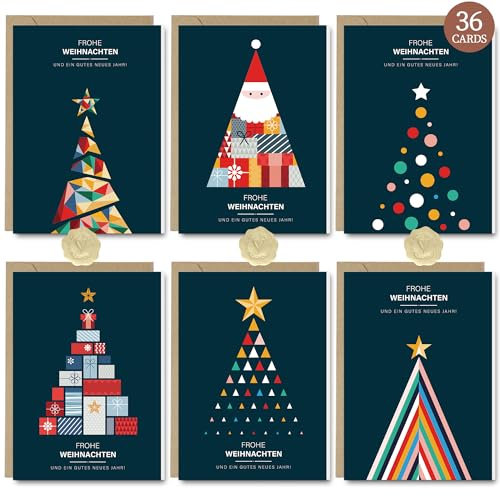 36 Weihnachtskarten mit Umschlag – Umweltfreundliche Weihnachtsgrußkarten A6 im Set – Klappkarten aus Recyclingpapier für Familie, Freunde & Geschäftspartner (Farbe)