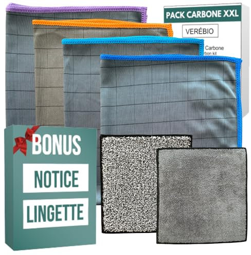 Verébio Kit 6 Chiffon Microfibre de Carbone XXL + Lavette Magique Lavable Offerte pour Nettoyage de Voiture, Moto, vitre, Lunettes, QUALITÉ Premium. Lingettes/Chiffons lavables