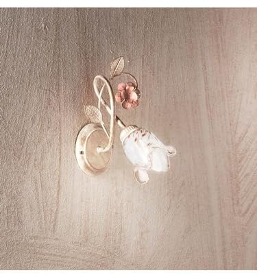 Generico Applique da parete classico in ferro battuto avorio e rosa con fiori a 1 luce DP217 per camera da letto, salotto, soggiorno, sala da pranzo, cameretta, ingresso, corridoio.