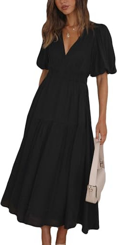 MessBebe Women's Summer Maxi Dress Puffy Sleeve V Neck Boho Party Beach Tiered Ruffle Flowy Long Smocked Dresses Black