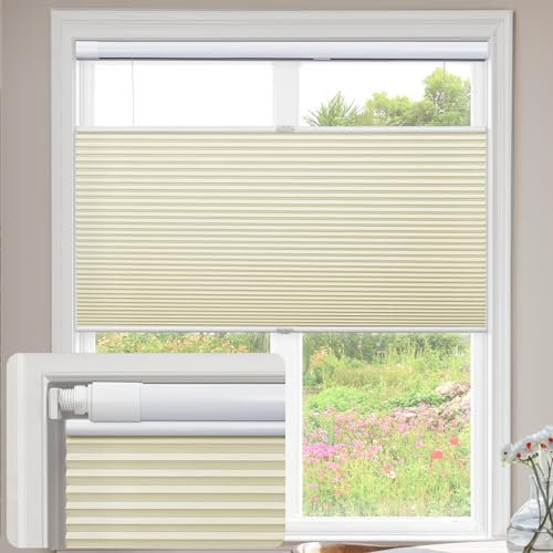 UrMoon Cellular Pleated Blinds for Window, No Tool No Drill Shades Top-down Bottom-up Blind Blackout Cordless Honeycomb Shade for Home Office (Blackout - Creamy, Custom Sizes)