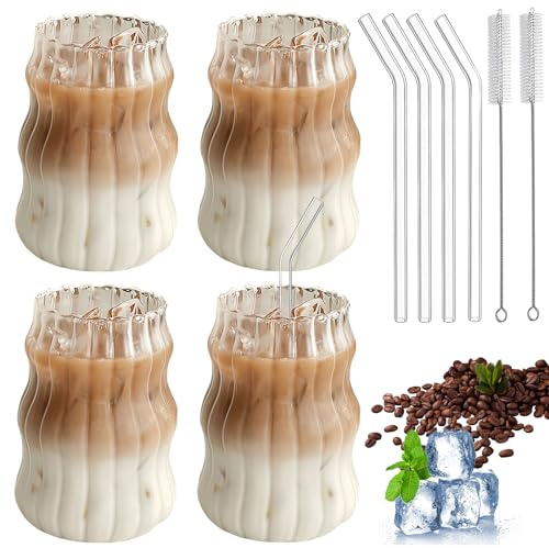 WANDGU Juego de 4 Vasos de 500 ml Con Pajitas y Cepillos de Limpieza - Para Café, Postre, Té, Zumo, Whisky, Cerveza, Cóctel y Café Helado