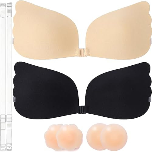 Q-WOOFF 2 Stück Klebe BH,Klebe BH Push Up,BH Ohne Träger Und Rückenfrei,Enthält 4 Brustwarzenpflaster,Wiederverwendbarer Unsichtbarer Rückenloser BH,Geeignet für Rückenfreie Kleidung(C)