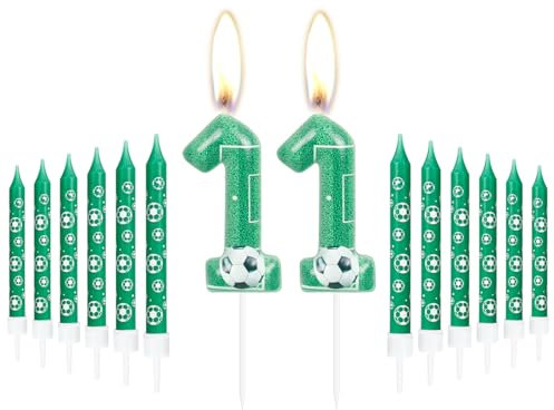 Geburtstag Zahl Kerzen 11, Fußball Geburtstag Zahlenkerzen, Grün Zahlenkuchen Kerzen mit 12 Verlängerungsstäben, Party Dekorationen für Unvergessliche Feiern