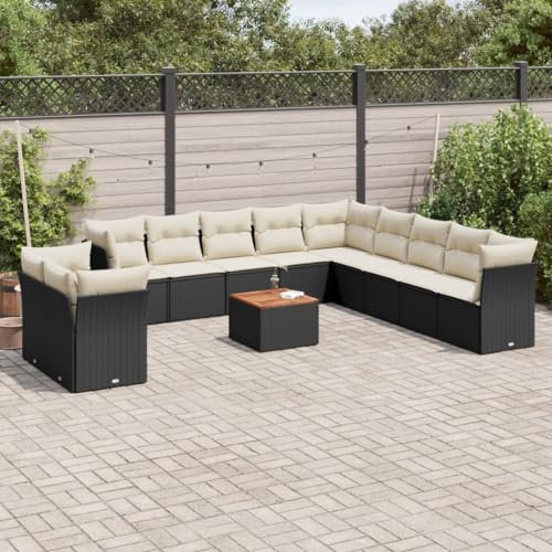 ULUYYUC 12-TLG. Garten-Sofagarnitur, Polsterbank Fußhocker Terrassenmöbel Schlafsofa Geeignet für Garten Außenbereich Hinterhof Balkon mit Kissen Schwarz Poly Rattan