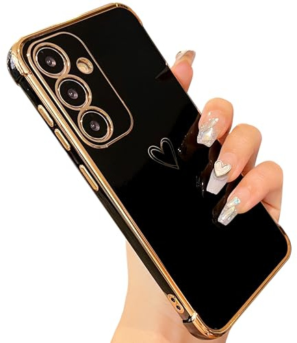 ZTOFERA Compatible with Samsung Galaxy A55 5G Case for Girls Women, Flexible Soft Silicone Protective Phone Case with Cute Love Heart Pattern Plated Trim Shockproof Bumper Cover, Black