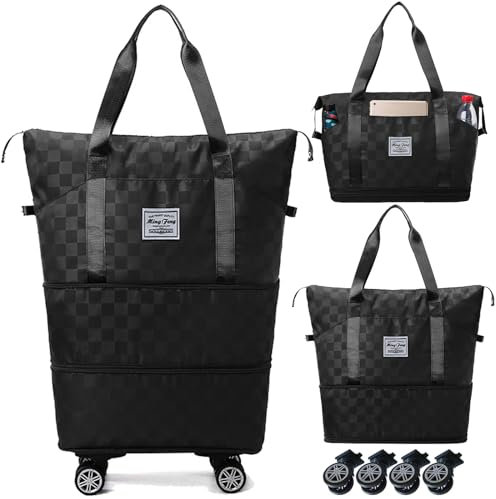 Travel Bag with Wheels,Expandable 55L Duffel Bags for Women,Foldable Rolling Duffle Bag with Wheels,Carry on Luggage,Gift for Men Women Suitcases (Black)