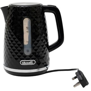 +AcsaCi Black Diamond Design with Silver Accents Kettle, Boiling 365+1.6P, Fast Boiling 3000W, 1.6 Litres, British STRIX Thermostat