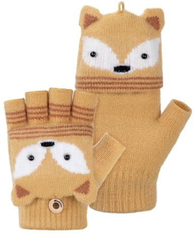 MELLIEX Fingerlose Handschuhe Kinder, Winter Flip Top Handschuhe, Warme Halbfinger Fäustlinge, Gestrickt Klapphandschuhe für Jungen Mädchen 5-10 Jahre，Fuchs-Gelb