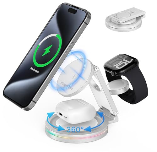 BingoHive Cargador Inalámbrico 3en1 Rotación 360° para iPhone Apple Watch AirPods estacion de Carga Apple Plegables Base Cargador iPhone 12-16 y Apple Watch 10 - Aleación de Zinc 10W Carga Rápida