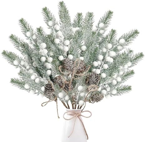 Vuggdt di pino natalizio, 10 rami di pino con bacche di Natale, rami di pino artificiale, di pino sintetico satinato con neve, decorazioni invernali per bouquet di Natale