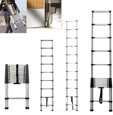 Teleskopleiter 3.2M(10.5 FT),Teleskopleiter aus Edelstahl mit maximaler Belastung von 150kg (330LBS), zusammenklappbare Leiter mit Riegeln, tragbare Mehrzweck-Loftleiter für Innen- und Außenarbeiten