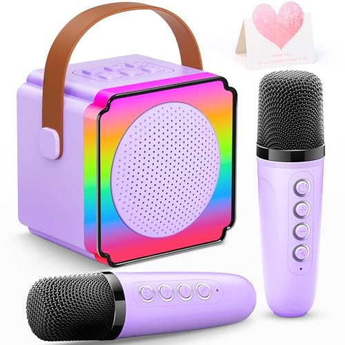 Gontence Micro Karaoke Enfant avec 2 Micro sans Fil, Cadeau Anniversaire Fille et Garçon 3-12 Ans, Micro Karaokeavec LED, Effets Vocaux et Carte Cadeau, Jouet Enfant pour Chanter-Violet