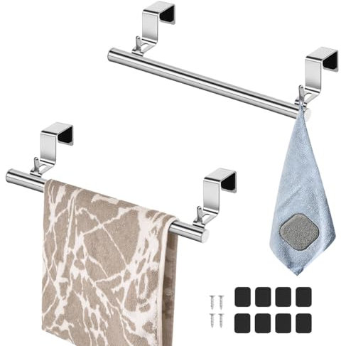 2 Pcs Over The Door Towel Rack, 2 Hooks, Over Cabinet Towel Bar, Stainless Steel Kitchen Dish Towel Holder for Bathroom Cupboard, 8 EVA Foam Protective Mats and 2 Nails, 2 Pack (Silver)