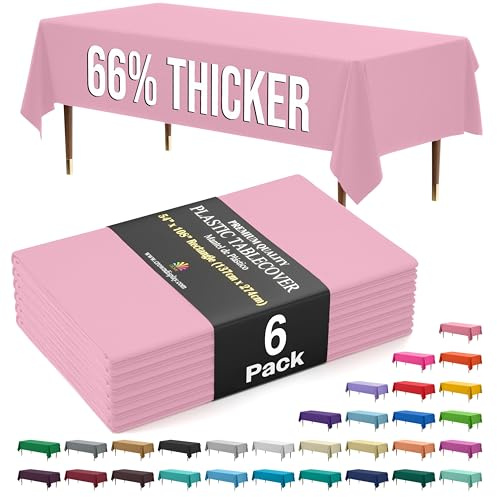 Exquisite 66% Thicker Premium Plastic Table Cloth Rectangle Table Cover 0.5 Mil 6 Pack Pink Table Cloth 54 Inch x 108 Inch reusable Tablecloth Won't Tear Easily Like Cheap Thin Brands