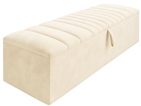 Large Plush Velvet Upholstered Ottoman Bench with Storage Blanket Box (Plush Cream, 6ft super king)