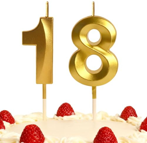 18th Birthday Candles Gold Number 18 Happy Birthday Candles Cake Topper Decorations for Birthday Party for 3D Designed Wedding Anniversary Party Wedding Anniversary Celebration Supply