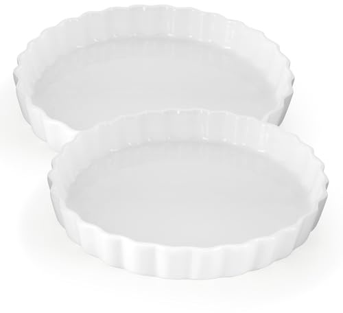 Axincardarm 22 cm Ceramic Quiche Flan Dish White Pie Tin 2 Pcs | Round Baking Dishes, for Pie Pizza Pasta