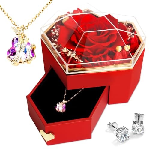 Rosa Eterna, Regalo Fatto a Mano Con Vera Rosa Eterna Per la Sua Donna, Confezione Regalo Fiori Stabilizzata Regalo con Collana Cuore e Orecchini a Perno, Natale San Valentino per Fidanzata, Moglie