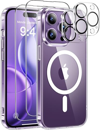 ivencase Magnetic for iPhone 14 Pro Max Case with 2 Pack Screen Protector and 2 Pack Camera Lens Protector, Compatible with MagSafe, Shockproof Protective Clear Back Phone Case 6.7 Inch -Clear