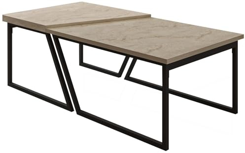 Modern Coffee Table Set (2 Pieces), Travertine Color, 120 x 40.6 x 60 cm | 100% Melamine Coated Particle Board, Black Metal Legs | Stylish Industrial Design