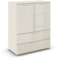 Rauch Möbel ADITIO, Kommode, Farbe Glas Beige, Breite 80 cm | Highboard im modernen Look, 2-türig,2 Schubladen, Glasfront, Soft-Close, für Schlafzimmer, Gästezimmer, Wohnzimmer, Flur