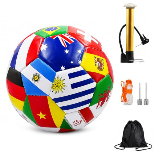 SGZIOO Ballon de Foot Taille 5, Ballon de Football aux Drapeaux Monde, Ballons d'entraînement de Football, avec Pompe, 2 Aiguilles, Filet et Sac, pour l'entraînement, Matchs, événements Sportifs