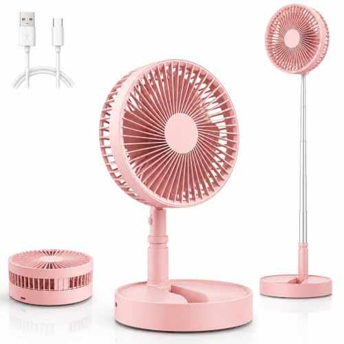 Portable Standing Fan, Foldable Pedestal Fan with 4 Speed, USB Rechargeable Fan Portable, 7200mAh Battery Operated Floor Desk Table Fans Rechargeable for Bedroom Office Camping Travel, 8 Inch (Pink)