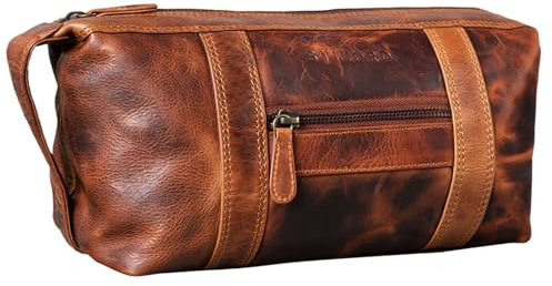 STILORD 'Bruno' Nécessaire de Voyage Homme Cuir Vintage Trousse de Toilette avec 2 Compartiments et l'Anse Étui en Cuir Véritable, Couleur:Kara - Cognac