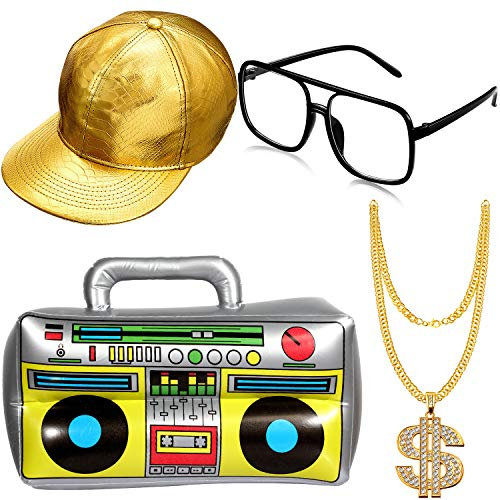 Hip Hop Kostüm Kit Hut Sonnenbrille Gold Kette 80s/ 90s Rapper Zubehör (Gold Baseball Mütze, Boom Box)