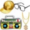 Hip Hop Kostüm Kit Hut Sonnenbrille Gold Kette 80s/ 90s Rapper Zubehör (Gold Baseball Mütze, Boom Box)