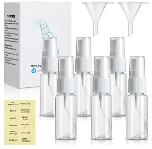 6 x 20 ml Sprühflaschen, kleiner, klarer leerer Nebel, Reise-Parfümflaschen-Set, nachfüllbares Spray für Speiseöl, mit 2 Trichtern und 12 Etiketten