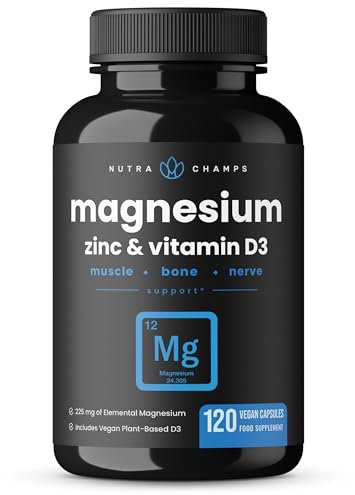 NutraChamps Magnesium Zinc & Vitamin D3 Supplement - Most Bioavailable Forms; Magnesium Glycinate, Malate, Citrate - Bone, Muscle & Heart Health, Immune Support - 120 Vegan Capsules