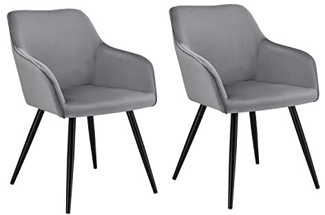 Juskys Esszimmerstühle 2er Set Tarje mit Rückenlehne & Armlehne, Metallbeine, Samt Bezug, bis 110 kg belastbar, 2 Stühle Esszimmer Küche Küchenstühle - hellgrau