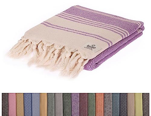 BERGAMA türkisches Strandtuch, 100 % Baumwolle, vorgewaschen, 96 x 180 cm, schnell trocknend, sandfrei, leicht, großes Badetuch für Strand, Pool, Fitnessstudio, Picknick und Yoga-Decke (lila)