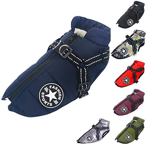 Hundeweste,Hundemantel Wasserdicht,Warme Weste mit Hundegeschirr Winter Warm und weich 9 Farben-Navy 4XL