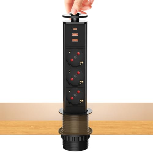 Versenkbare Steckdose 3 Fach mit USB C PD 20W, Einbau Steckdosenleiste Versenkbar mit USB, Einbausteckdose Versenkbar für Arbeitsplatte Büro Küche Werkstatt, 1,8M Kabel, 4000W/16A, Schwarz